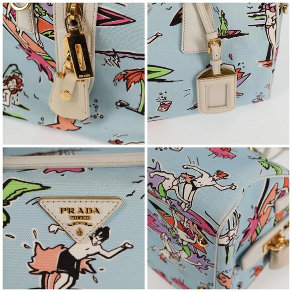 PRADA Hand Bag Canvas 2way Light Blue Gold Auth - Picture 12 of 15